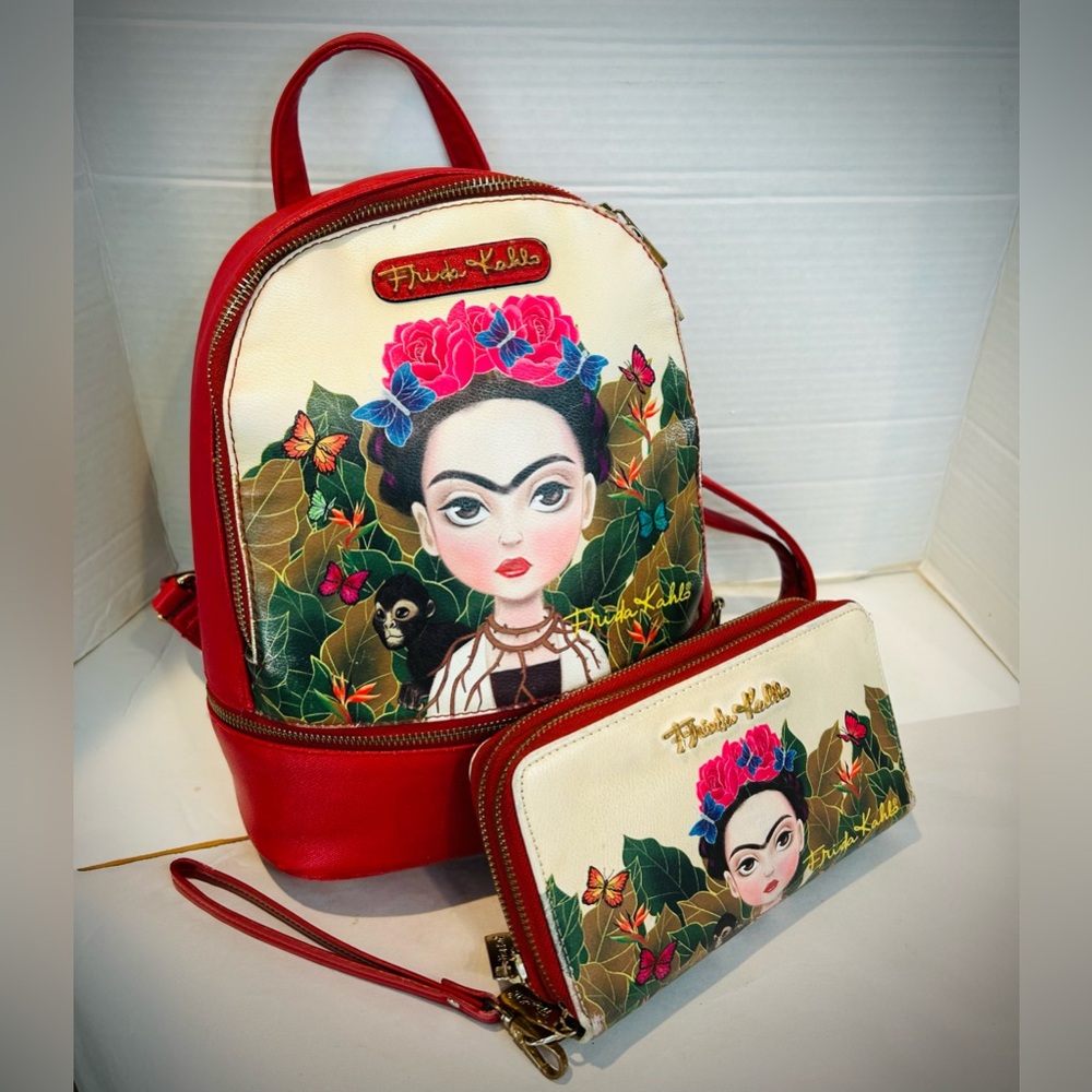 Frida Kahlo Cartoon Red and Cream Backpack & Matching Wallet